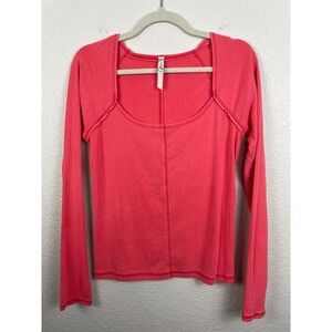 Free People Intimately Shirt Womens Large Coral Angie Square Neck Ribbed Casual
